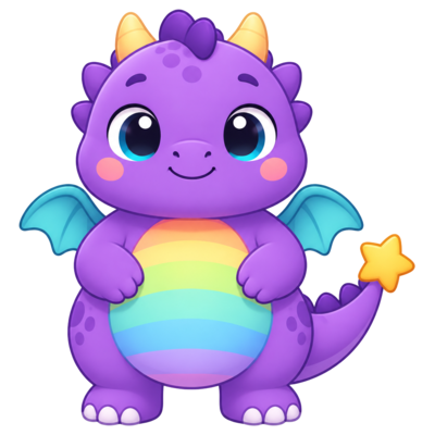 Zupi, o dragãozinho roxo, acenando